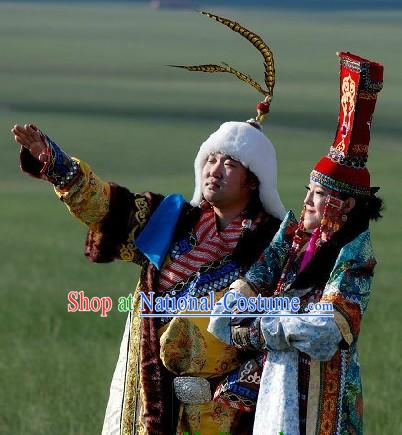 Traditional Mongolian Emperor and Queen Clothes and Hats Complete Set