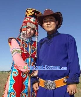 Traditional Mongolian Husband and Wife Clothing and Hats Complete Sets