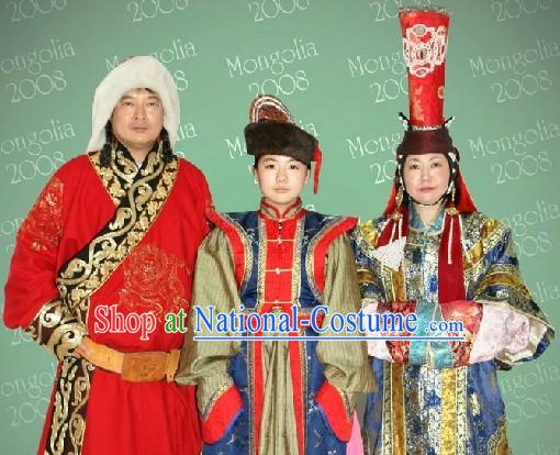 Traditional Mongolian Mother Father and Son Clothing Three Complete Sets