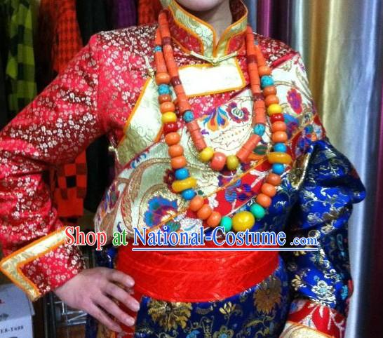 Traditional Chinese Red Tibetan Robe Complete Set for Ladies