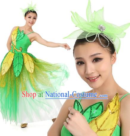 Chinese Green Leaf Dance Costume and Headpiece for Women