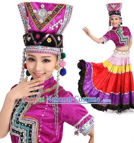 Chinese Yi Minority Dance Costume and Headpiece for Women