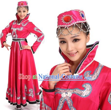 Pink Mongolian Dancing Costumes and Hat for Women