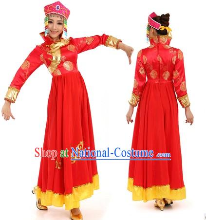 Red Mongolian Dance Costume and Hat for Women