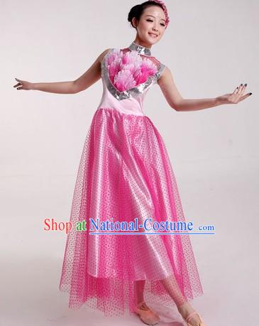 Chinese Pink Chorus and Lotus Dance Costumes and Headpiece for Ladies