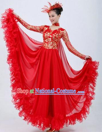 Chinese Red Modern Dance Costumes and Headpiece for Ladies