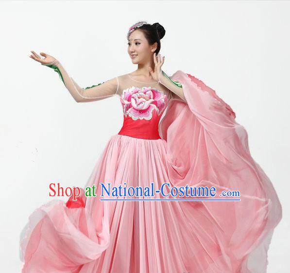 Chinese Classical Peony Long Skirt Dance Costumes and Headpiece