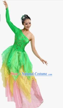 One Shoulder Green Stage Performance Dancing Costumes and Headpiece for Women