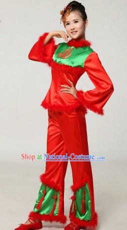 Chinese New Year Red Drummer or Fan Dance Costumes and Headpiece for Women