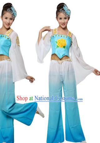 Chinese Blue Yangge Dance Costumes and Headpiece for Women