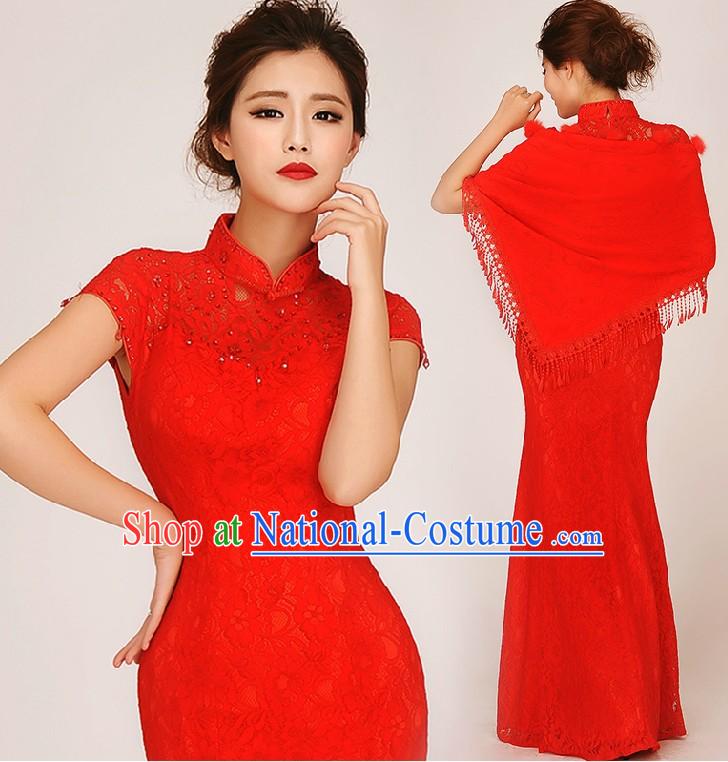 Traditional Red Fish Tail Cheongsam Wedding Dress for Brides