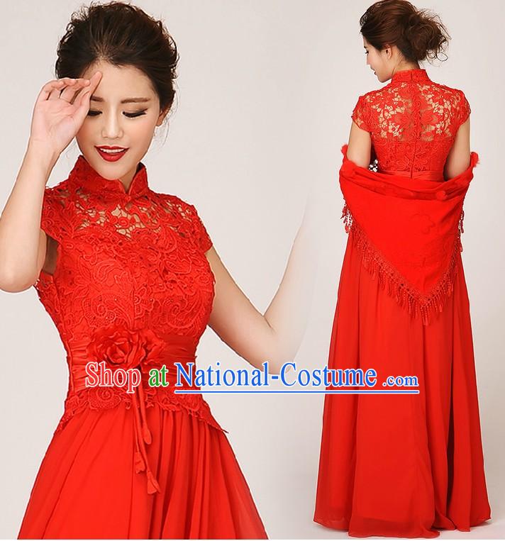 Traditional Red Lace Cheongsam Wedding Dress for Brides