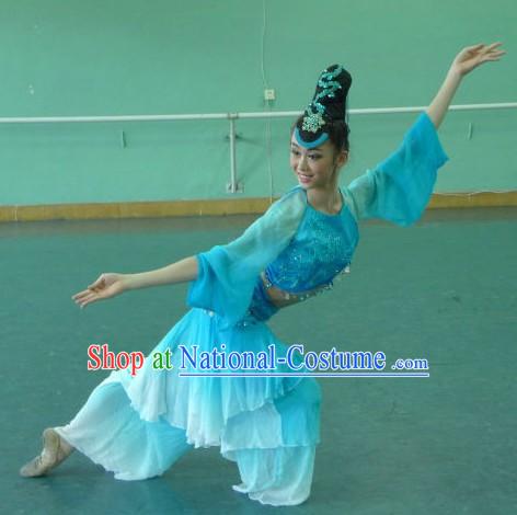 Chinese Classic Blue Dance Costumes and Headpiece for Women