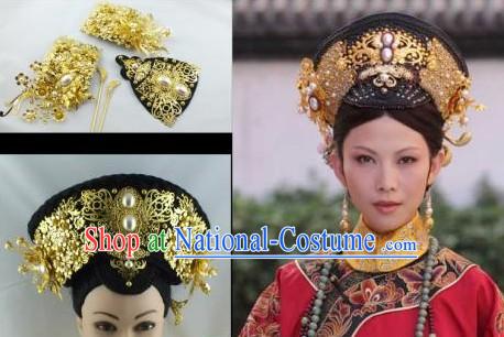 Qing Dynasty Empress Imperial Hair Accessories Manchu Hat and Wig for Ladies