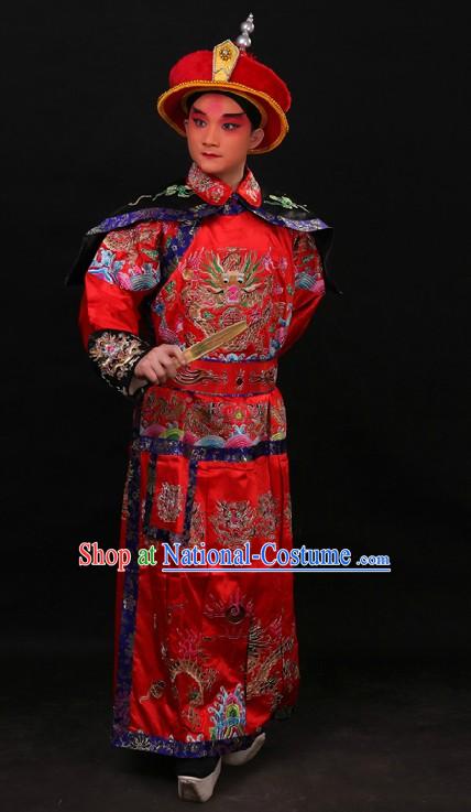 Red Chinese Embroidered Dragon Qian Long Costumes and Hat for Men