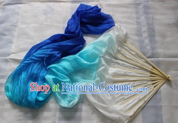 Handmade White to Blue Colour Transition Long Silk Dance Fan