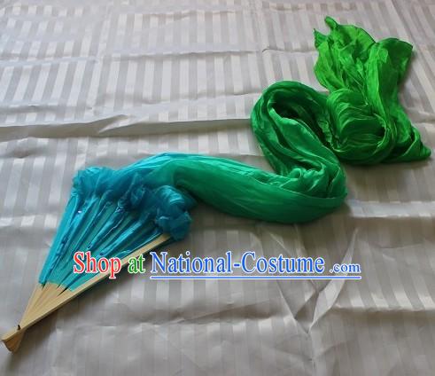 Handmade Blue to Green Colour Transition Long Silk Dance Fan