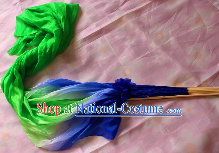 Chinese Blue to Green Colour Transition Long Silk Dancing Fan