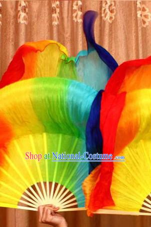 Rainbow Color Transition Long Silk Chinese Dance Fan