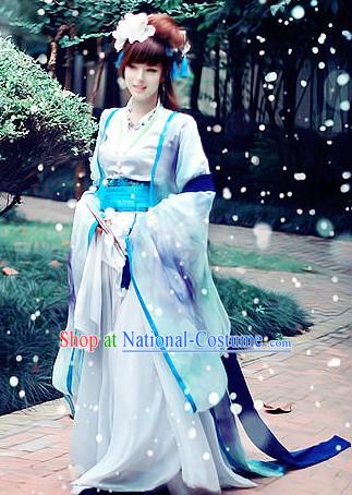 Ancient Chinese White and Blue Beauty Cosplay Costumes