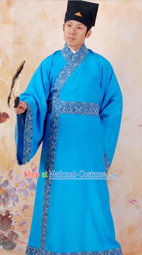 Ancient Chinese Blue Costumes and Hat for Men