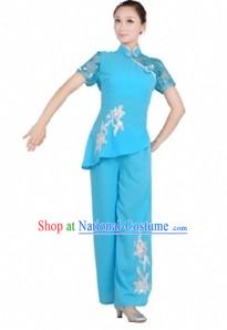 Chinese Blue Fan Dance Costume for Women