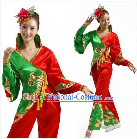 Traditional Chinese Fan Dancing Costume and Headpiece for Women