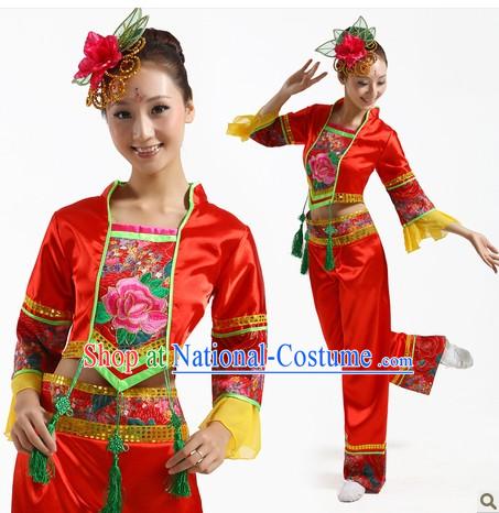 Traditional Chinese Fan Dance Costume and Headpiece for Women