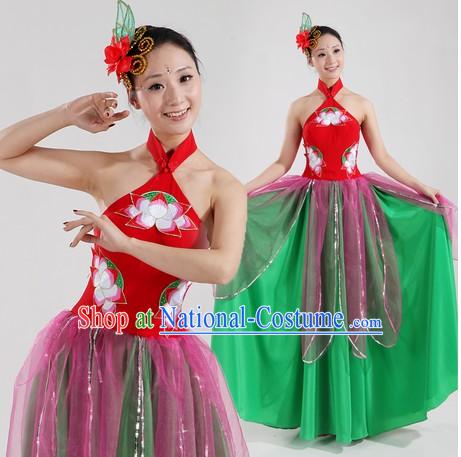 Traditional Chinese Lotus Classical Dancing Costumes and Headpiece for Women