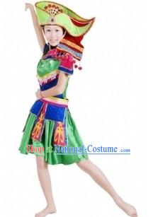 Traditional Chinese Zhuang Tribe Clothing and Hat for Women