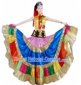 Traditional Chinese Yi Tribe Dancing Performance Costumes and Hat for Women