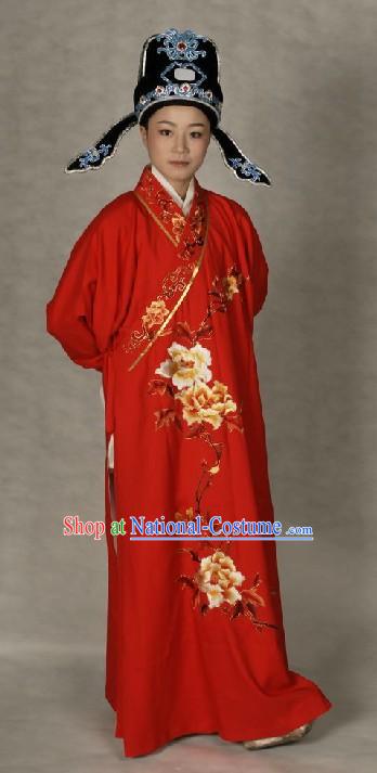 Ancient Chinese Opera Red Wedding Robe and Hat for Bridegrooms