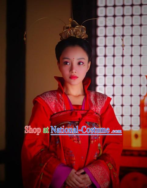 Ancient Chinese Tang Dynasty Princess Wedding Dress and Headdress Complete Set