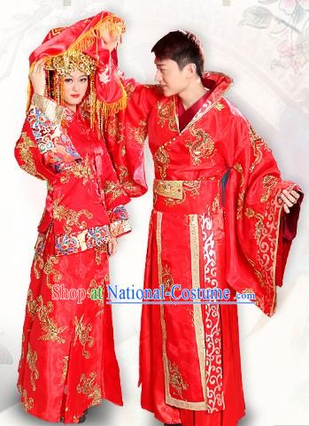 Traditional Chinese Bridal Wedding Dresses Two Sets for Brides and Bridegrooms