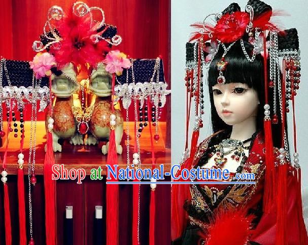 Ancient Chinese Red Bridal Partial Wig and Hair Accessories Complete Set