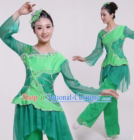 Traditional Chinese Green Fan Dancing Costumes and Headpiece for Women