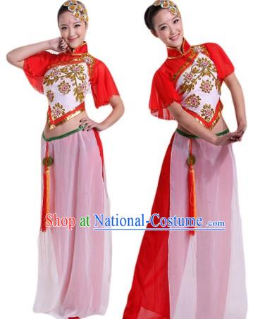 Traditional Chinese Group Dance Stage Performance Costumes and Headpieces