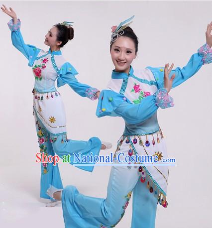 Traditional Chinese Blue Fan Dancing Costumes and Headpiece for Women