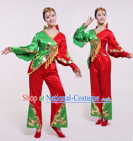 Traditional Chinese Stage Performance Fan Dancing Costumes and Headpieces for Women