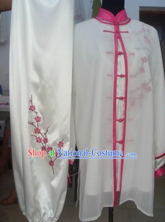 Traditional Chinese White Plum Blossom Silk Tai Chi Uniform and Cape Complete Set