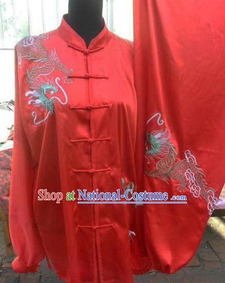 Traditional Chinese Red Dragon Embroidery Silk Tai Chi Suit