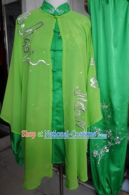 Traditional Chinese Green Tai Ji Kung Fu Performance Uniform and Cape Complete Set