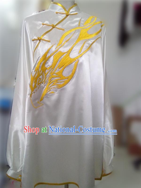 Traditional Chinese White Dragon Embroidery Martial Arts Contest Blouse and Pants