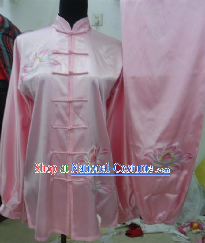 Pink Traditional Chinese Lotus Embroidery Long Sleeves Kung Fu Tai Chi Uniform