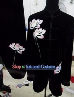 Black Traditional Chinese Lotus Embroidery Long Sleeve Gong Fu Uniform