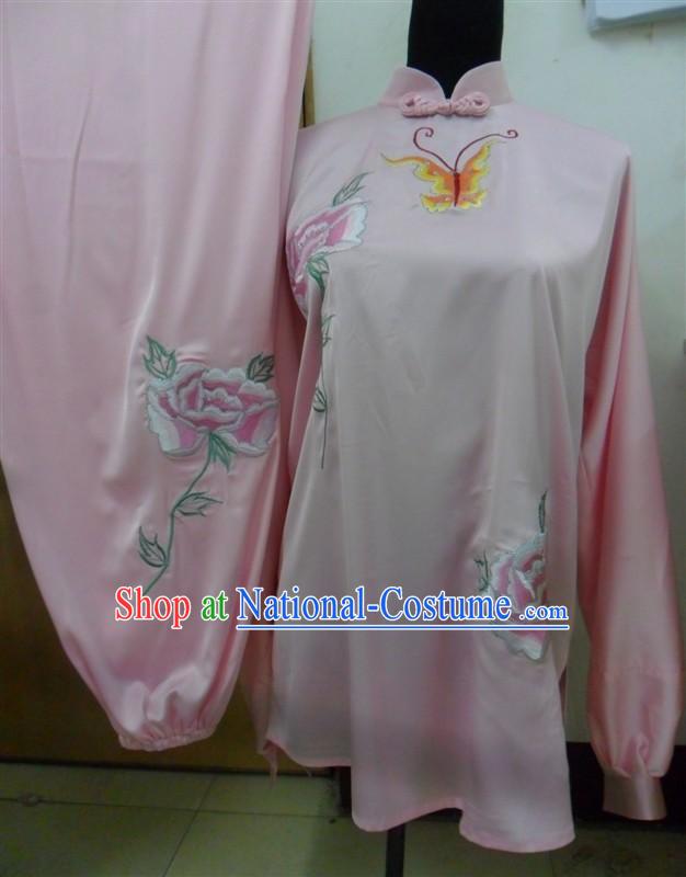 Pink Long Sleeves Flower Butterfly Embroidery Martial Arts and Tai Chi Outfit Complete Set for Women