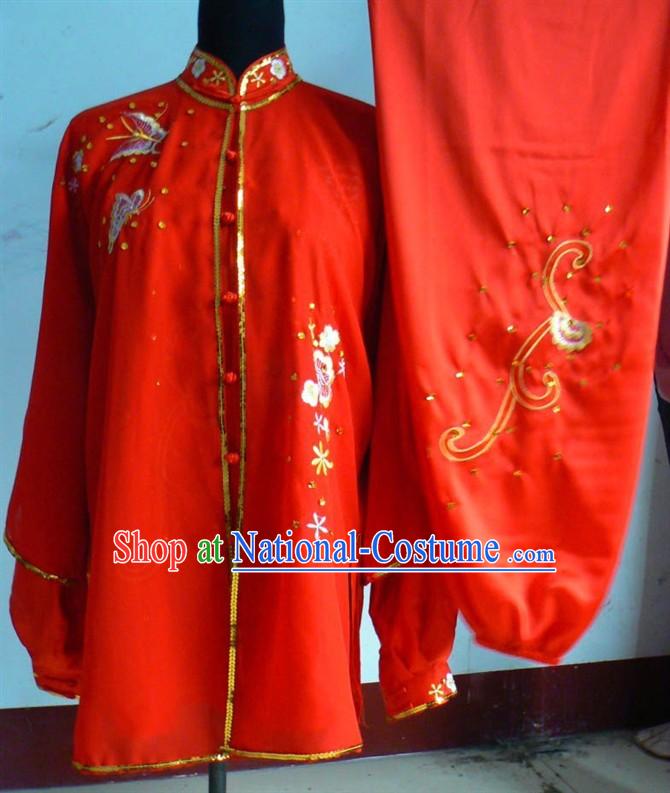 Red Flower Embroidery Martial Arts and Tai Chi Outfit Complete Set for Women