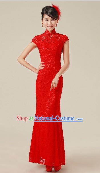 Traditional Chinese Wedding Red Lace Cheongsam Qipao and Hair Accessories for Brides