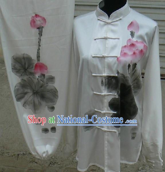 Traditional Chinese White Hand Painted Lotus Kung Fu Uniform