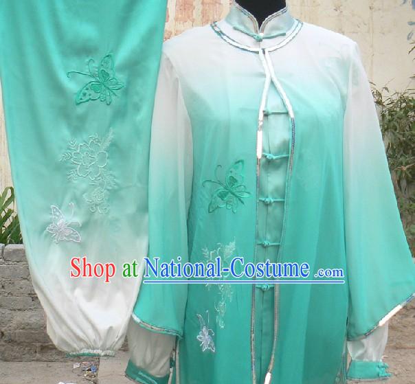 Traditional Chinese Color Transition Butterfly and Flower Embroidery Kung Fu Uniform Set